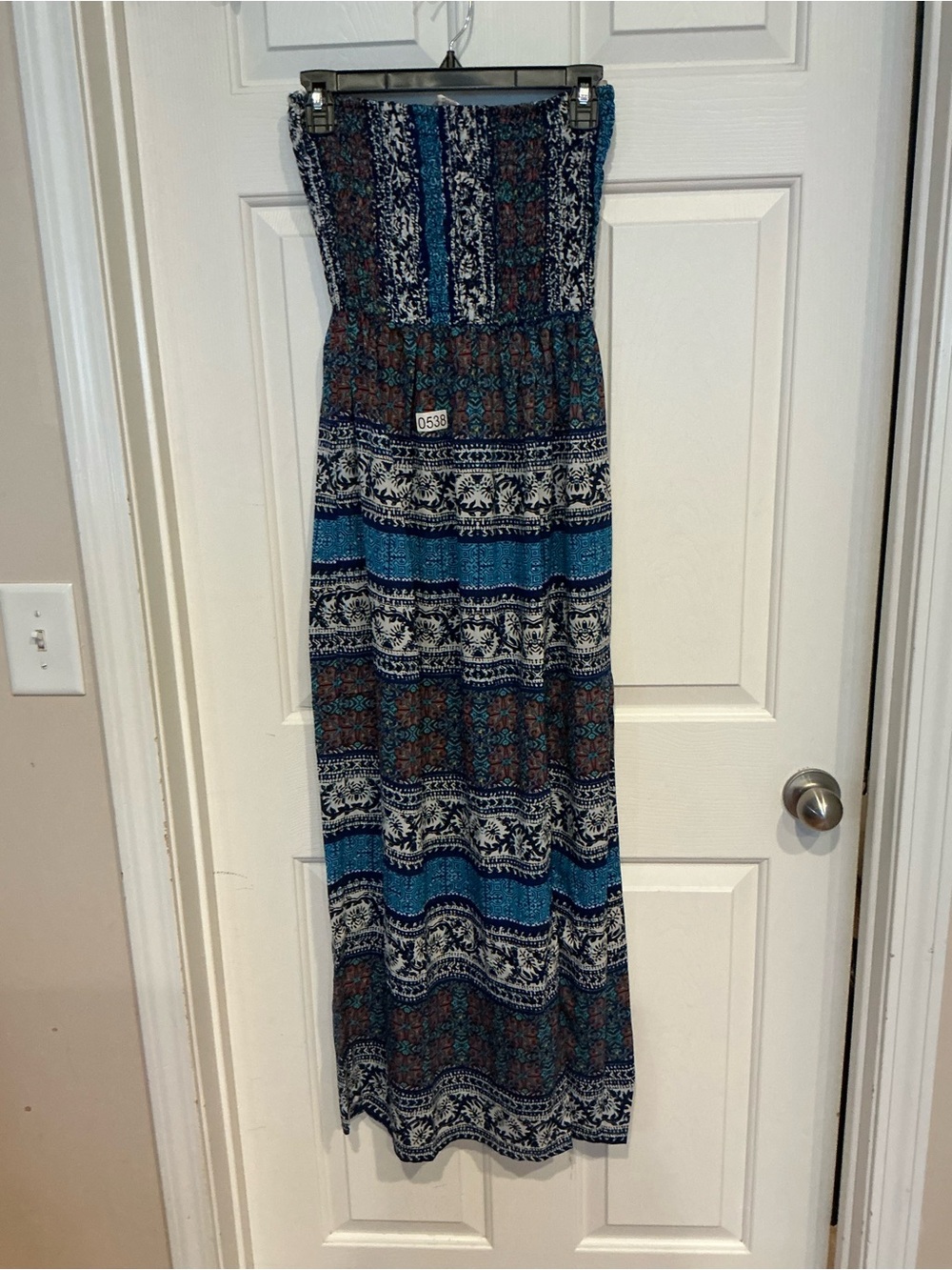 RAGA Strapless Maxi Dress in Blue, Navy, White and Brown
